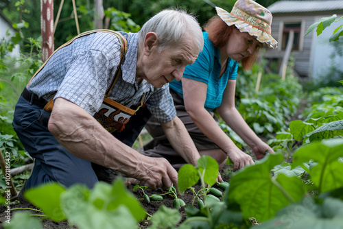 Elderly pensioners at their dacha are engaged in agricultural affairs, planting vegetables in beds in the garden, realistic photography photo