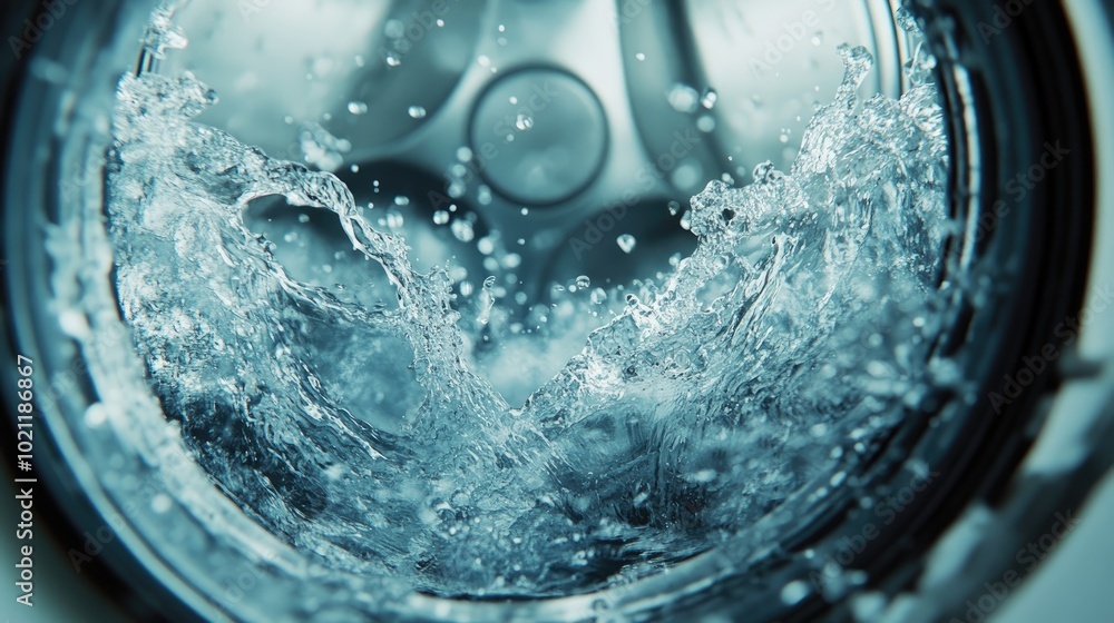 A dynamic shot capturing the water splash inside a washing machine drum, emphasizing the powerful cleaning action A dynamic shot capturing the water splash inside a washing machine drum, emphasizing the powerful cleaning action