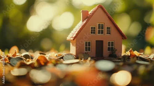 Wallpaper Mural A small house model surrounded by coins and autumn leaves, symbolizing investment and savings. Torontodigital.ca