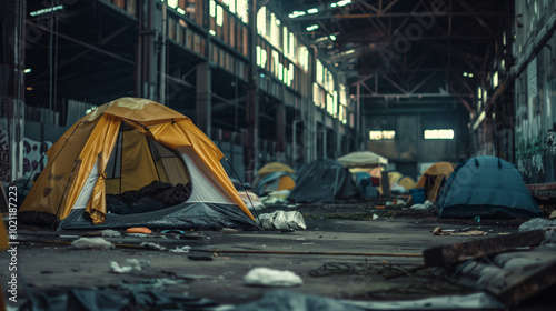 A timber warehouse with tents and homeless people living inside, depicting social fallout and unsanitary conditions on a cloudy day.


