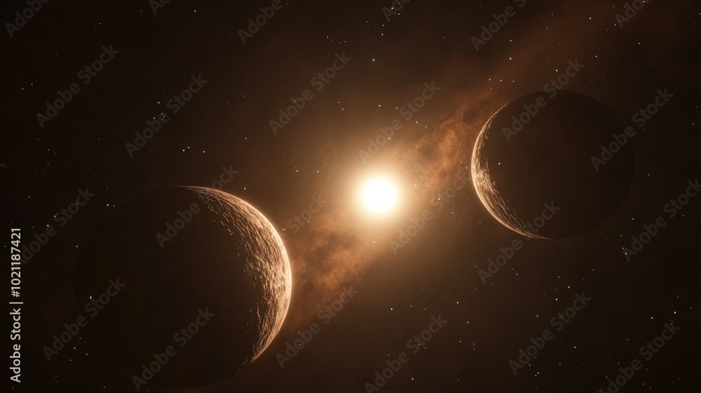Naklejka premium Two planets silhouetted against a glowing sun in a distant galaxy.