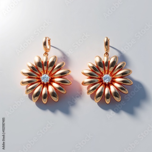 22k gold flower shaped earrings vibrant and elegant on plain white background photo