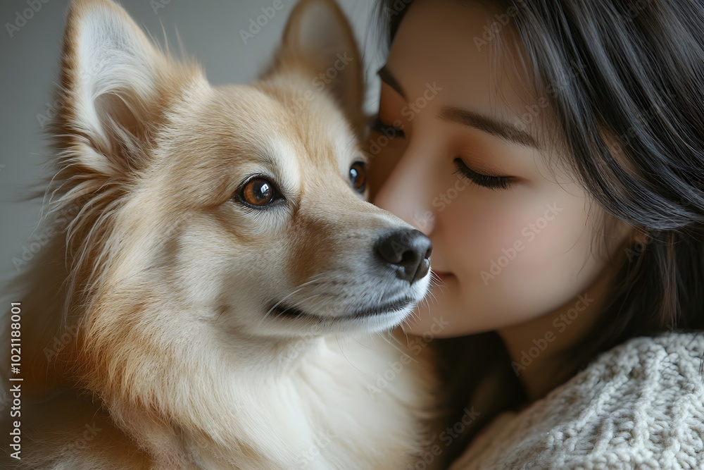 Golden Dog Portrait with Woman, Closed Eyes, Warm Embrace Golden Dog Portrait with Woman, Closed Eyes, Warm Embrace