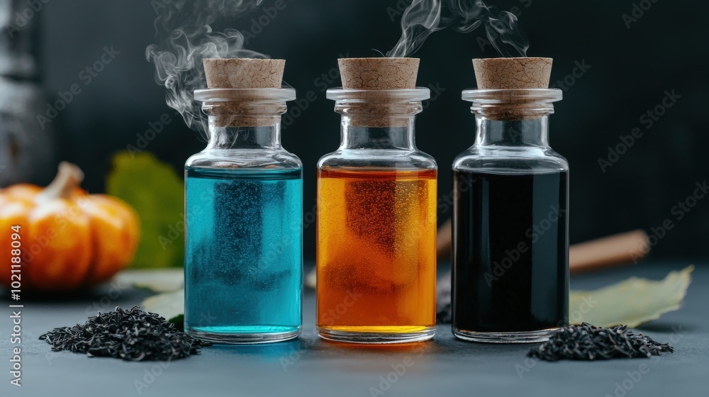 Vibrant potion bottles with smoke, surrounded by dark seeds and a pumpkin, dark background. Vibrant potion bottles with smoke, surrounded by dark seeds and a pumpkin, dark background.