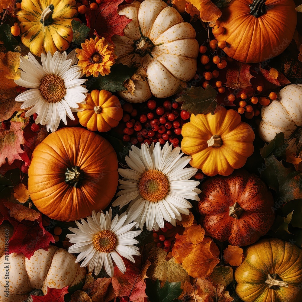 Thanksgiving wallpaper with daisies, sunflowers, pumpkins and berries bottom Thanksgiving wallpaper with daisies, sunflowers, pumpkins and berries bottom