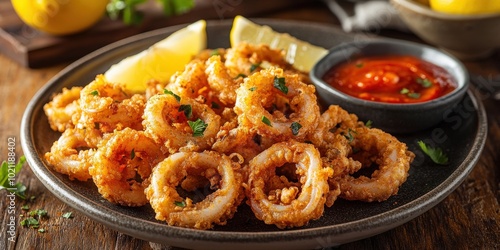 Delicious golden fried calamari rings served with lemon wedges and tangy dipping sauce.