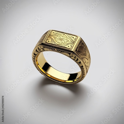 22k yellow gold engraved ring vintage inspired details on plain white background photo