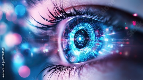 A high-tech close-up of a human eye featuring a digital HUD interface, symbolizing the future of cybernetic