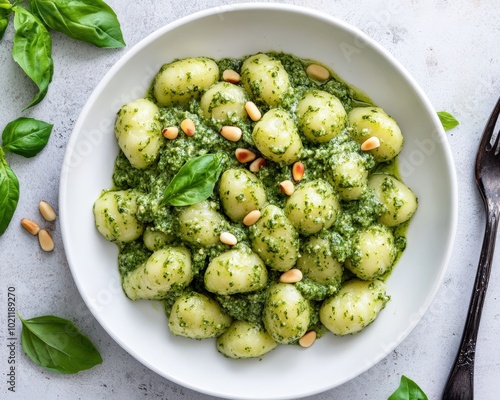 Delicious gnocchi with fresh basil pesto and pine nuts served in a white bowl.