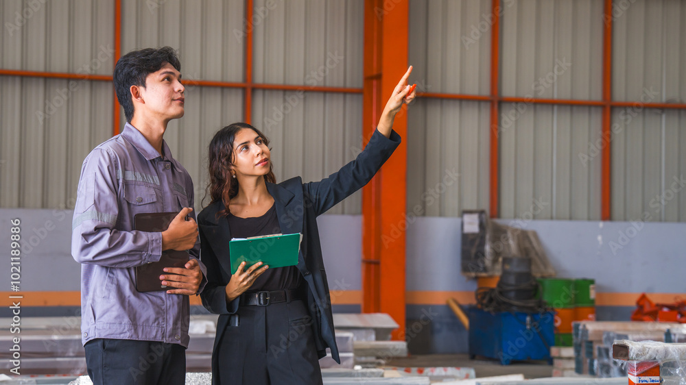 Female manager or inspector is checking or examining the quality control of metal sheet industry or factory with a professional male engineer employee, production quality control in metal warehouse. Female manager or inspector is checking or examining the quality control of metal sheet industry or factory with a professional male engineer employee, production quality control in metal warehouse.