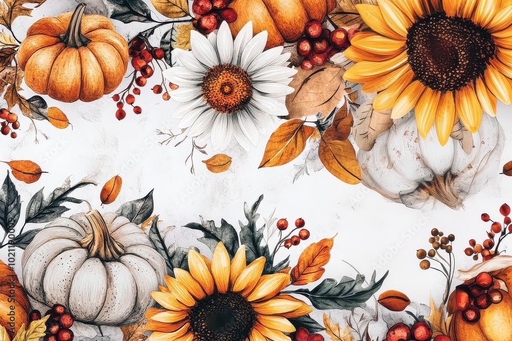 Fototapeta premium Thanksgiving wallpaper, background with daisies, sunflowers, pumpkins and berries footer in light background