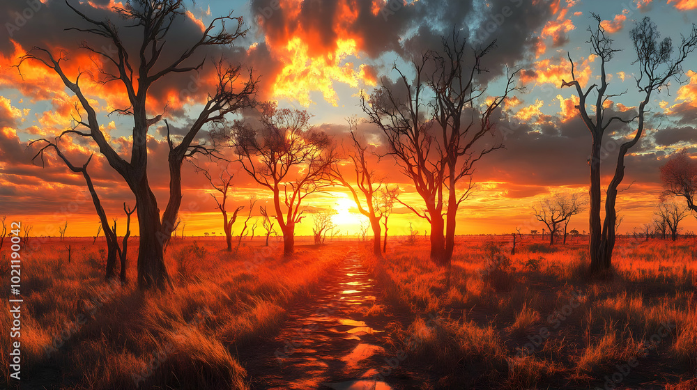 Silhouetted Trees Stand Tall Against a Vivid Orange Sunset Over a Grassy Savanna Silhouetted Trees Stand Tall Against a Vivid Orange Sunset Over a Grassy Savanna