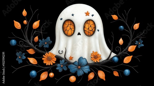 Whimsical ghost surrounded by colorful flowers and leaves, on a black background. photo