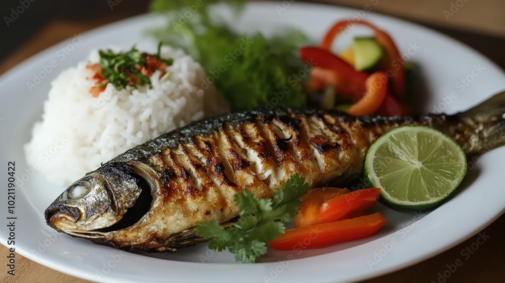 Grilled fish served with rice, lime, and fresh vegetables on a plate. Grilled fish served with rice, lime, and fresh vegetables on a plate.