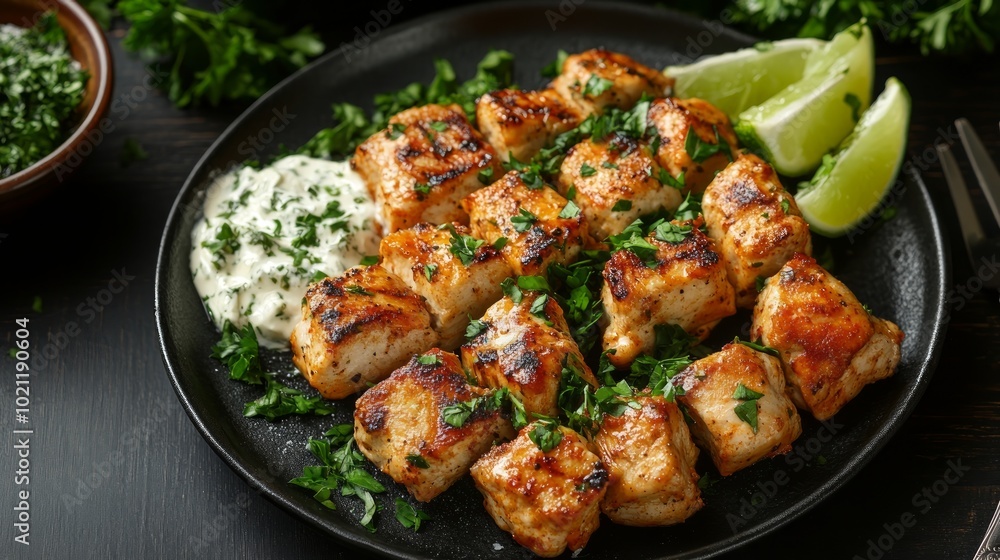 A plate of grilled chicken cubes with parsley, lime wedges, and a side of creamy sauce. A plate of grilled chicken cubes with parsley, lime wedges, and a side of creamy sauce.
