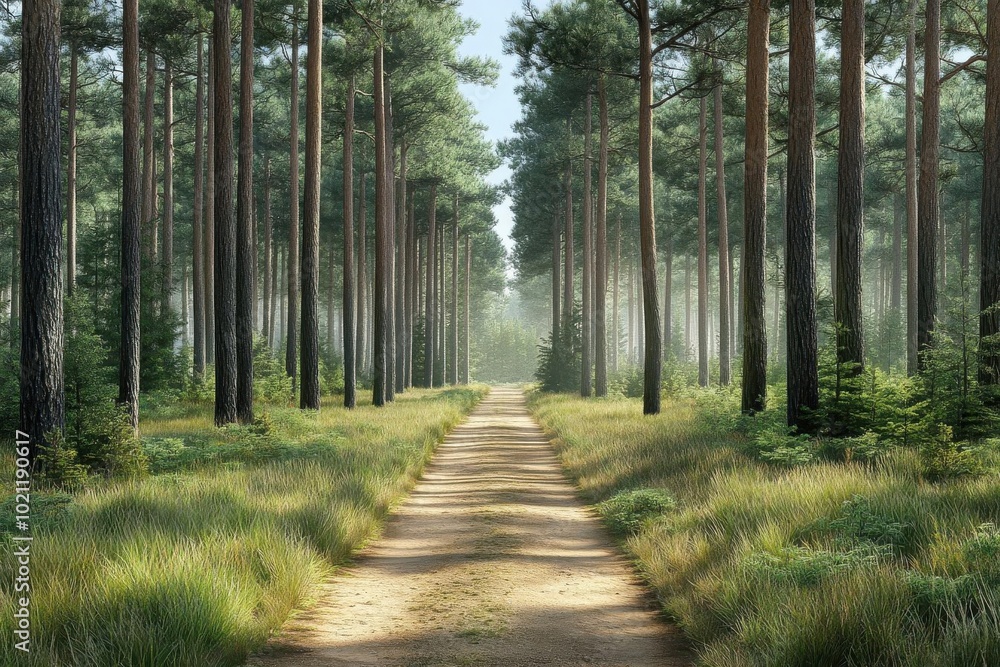 Fototapeta premium Dirt path leading to a campsite in pine forest, rustic and inviting