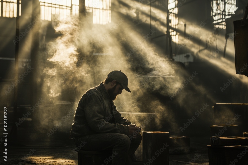 Fototapeta premium A man sits on a bench in a factory, resting during his shift