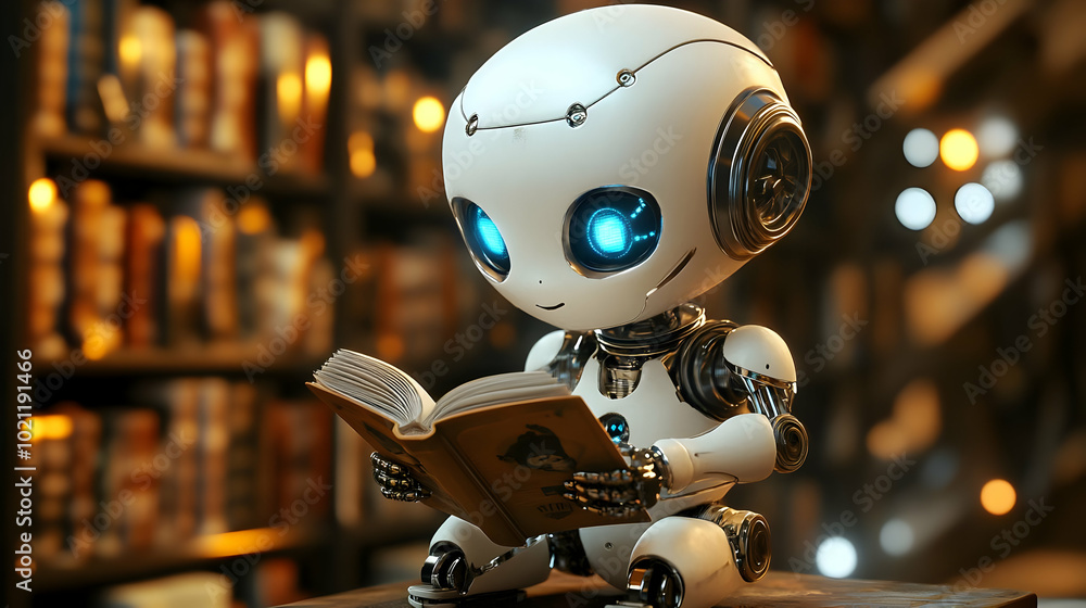 A White Robot with Blue Eyes Sitting in a Library and Reading a Book