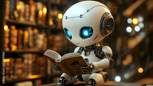 A White Robot with Blue Eyes Sitting in a Library and Reading a Book