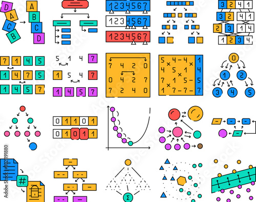 sorting algorithm data filter icons set vector. flow sort, big stroke, database editable, organize stream, structure science process sorting algorithm data filter color Contour Illustrations