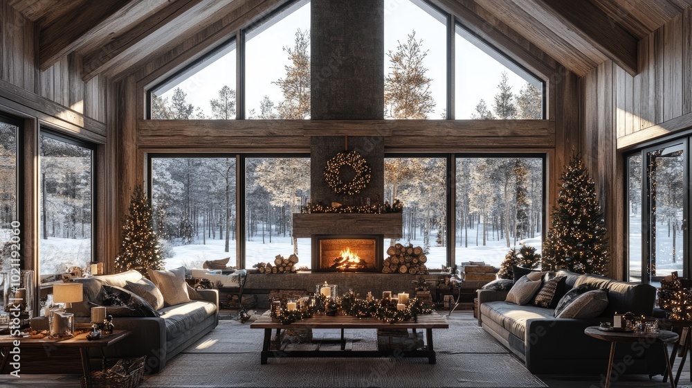 Fototapeta premium A rustic living room decorated for Christmas, featuring large windows, a fireplace, and cozy furnishings,