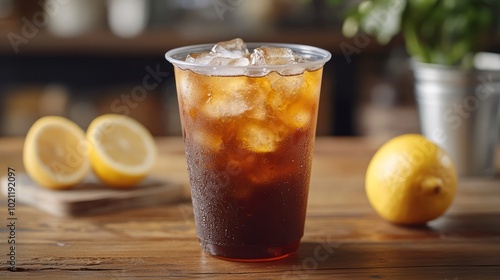 A refreshing glass of iced tea with lemon wedges on a wooden table.