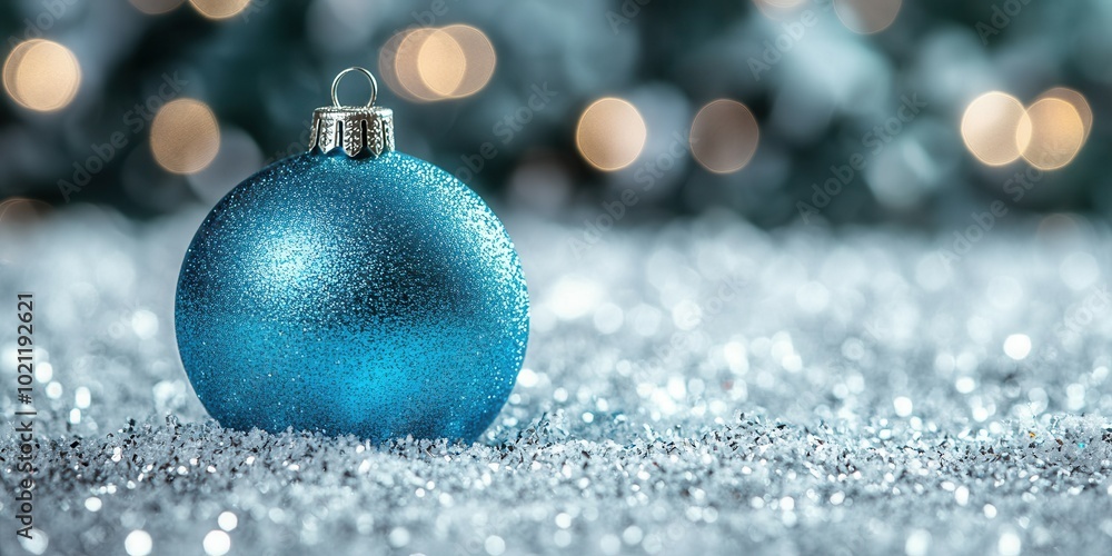 A blue ornament sits elegantly atop a layer of sparkling white snow, surrounded by warm, glowing bokeh lights in the background. This captures the essence of winter festivities and holiday cheer. A blue ornament sits elegantly atop a layer of sparkling white snow, surrounded by warm, glowing bokeh lights in the background. This captures the essence of winter festivities and holiday cheer.