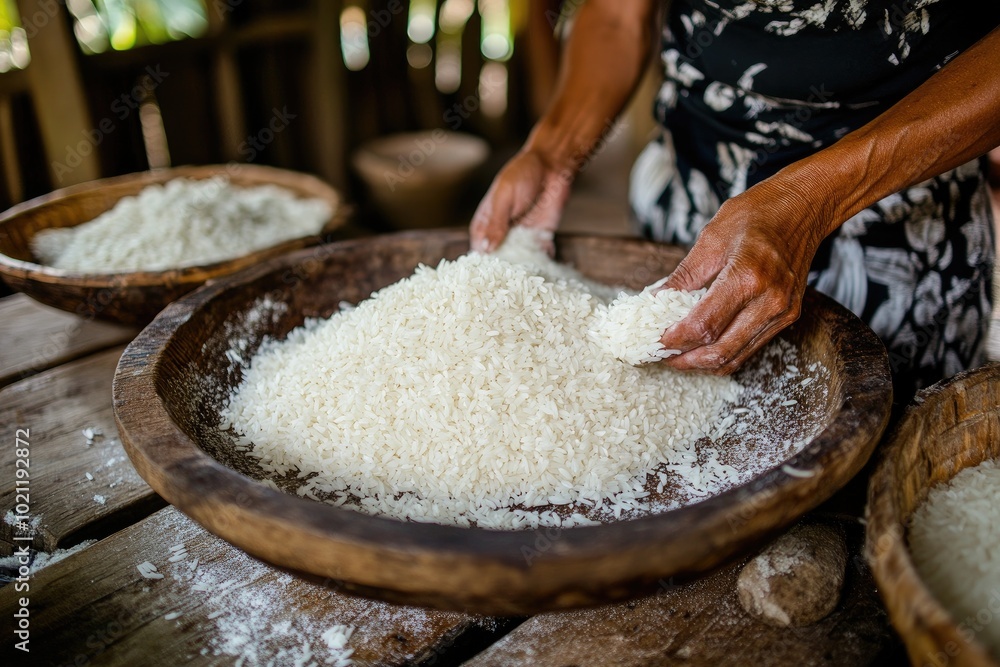 Fototapeta premium A woman's hand scoops uncooked rice from a wooden bowl. The photo illustrates the traditional process of preparing rice for cooking.