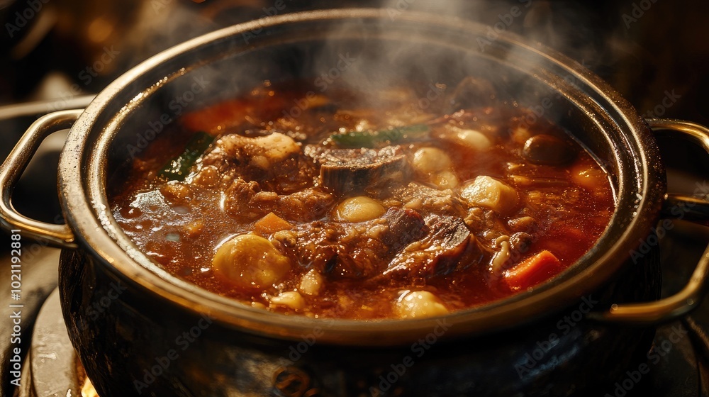 Savory Stew in Traditional Pot with Steam Rising Savory Stew in Traditional Pot with Steam Rising