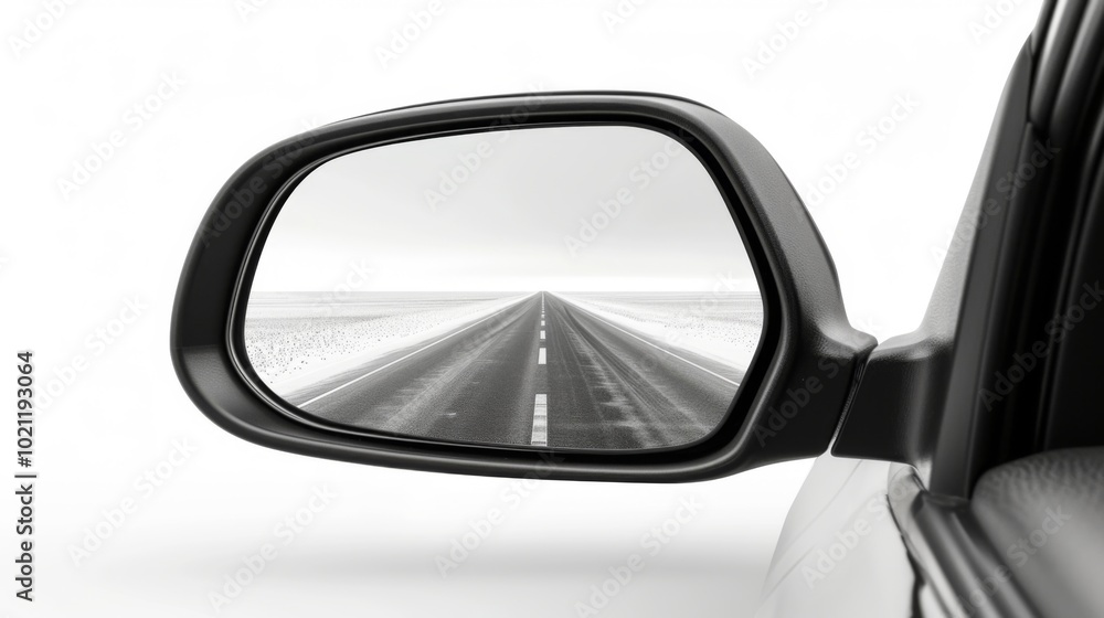 Fototapeta premium Empty Road Ahead: A Winter Road Trip View in the Side Mirror