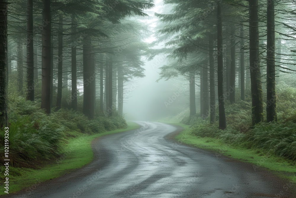 Obraz premium Morning fog on a forest road, pine trees barely visible, serene and mystical