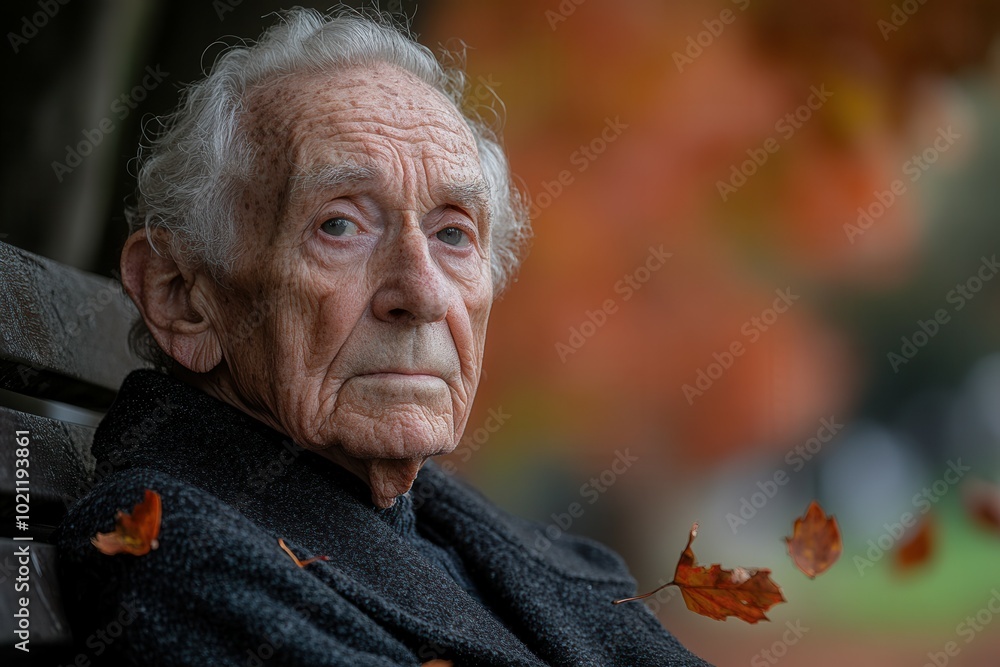 An elderly man is sitting quietly on a bench in a park, with a contemplative expression. Vibrant autumn leaves flutter around him, highlighting the peaceful atmosphere of the season and the passage of An elderly man is sitting quietly on a bench in a park, with a contemplative expression. Vibrant autumn leaves flutter around him, highlighting the peaceful atmosphere of the season and the passage of