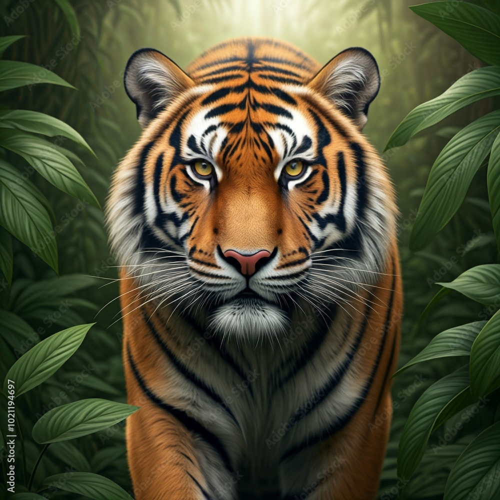 Fototapeta premium A hyper-realistic image of a tiger prowling through a dense jungle, with every detail of its fur, muscles, and piercing eyes sharply in focus