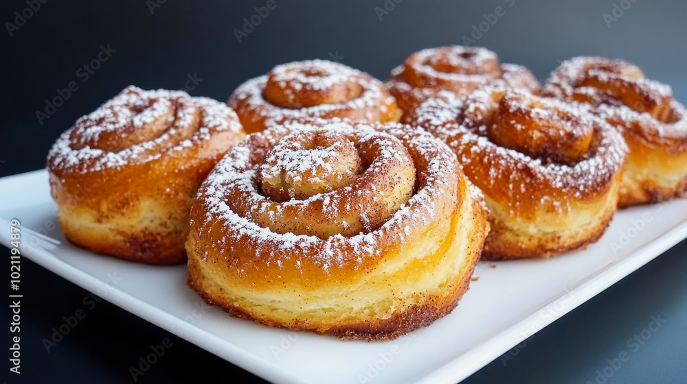 Freshly baked cinnamon rolls topped with powdered sugar, presented on a white platter and ready for indulgence at a cozy cafe Freshly baked cinnamon rolls topped with powdered sugar, presented on a white platter and ready for indulgence at a cozy cafe