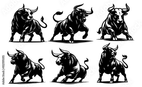 energetic black vector bulls in various running and charging positions