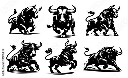 bold black vector collection of bulls in aggressive running poses