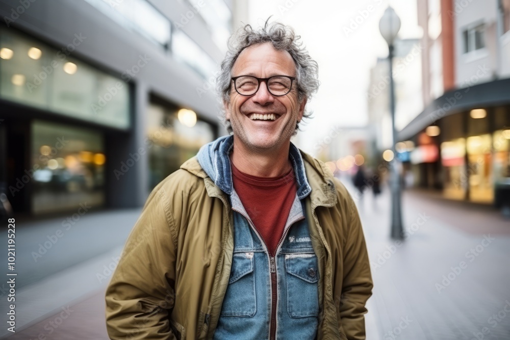Portrait of a handsome man smiling in a city street, wearing glasses Portrait of a handsome man smiling in a city street, wearing glasses