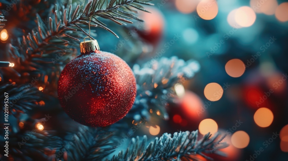 A close-up view of a Christmas ornament hanging from a tree branch, perfect for holiday designs and winter-themed projects A close-up view of a Christmas ornament hanging from a tree branch, perfect for holiday designs and winter-themed projects