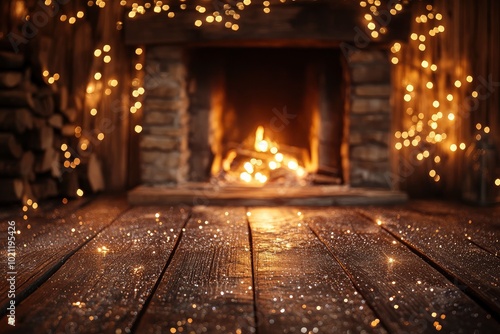 Wooden background with glitter effects and fireplace with generative ai