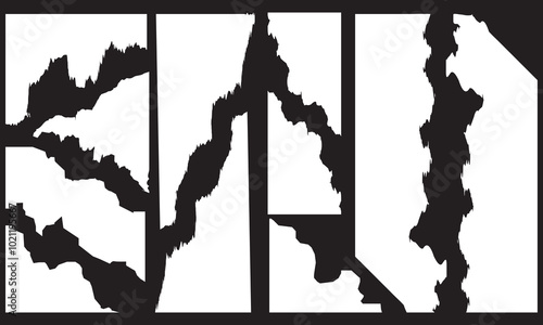 Strips and pieces of torn white paper of different shapes. Set of ripped sheets, newspaper scrap with jagged edges. Cut notepad page fragments with uneven edge.  isolated on black background. EPS 10