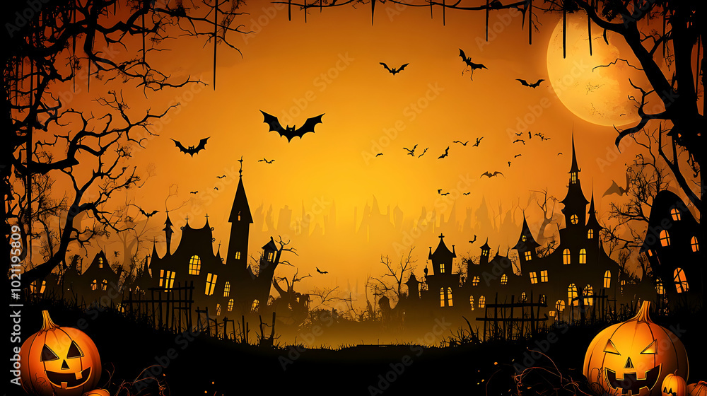 Spooky Halloween Night with Haunted Houses and Bats Flying Around the Big Moon Spooky Halloween Night with Haunted Houses and Bats Flying Around the Big Moon