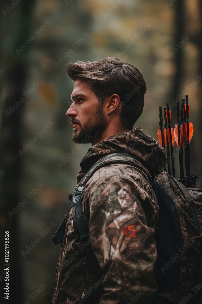 A person hiking in the forest with a backpack and arrows, possibly preparing for a hunting trip A person hiking in the forest with a backpack and arrows, possibly preparing for a hunting trip