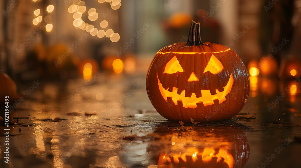 Fototapeta premium A Carved Jack-O-Lantern with a Grinning Face Glows in the Darkness, Illuminating the Wet Ground with a Warm Orange Light