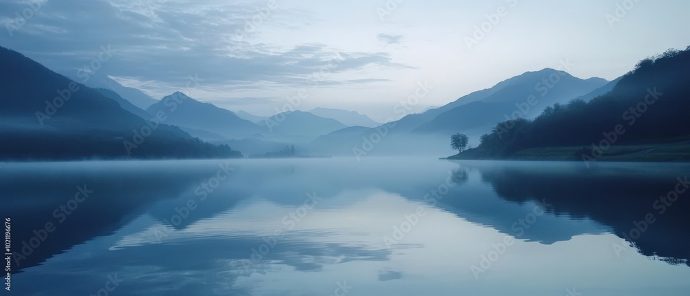 Serene mountain lake at dawn with misty reflections in calm blue hues. Serene mountain lake at dawn with misty reflections in calm blue hues.