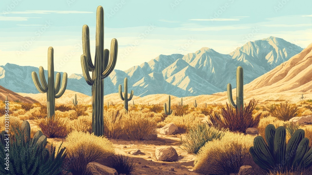 A scenic view of the desert with multiple cacti, suitable for use in travel or nature photography projects A scenic view of the desert with multiple cacti, suitable for use in travel or nature photography projects