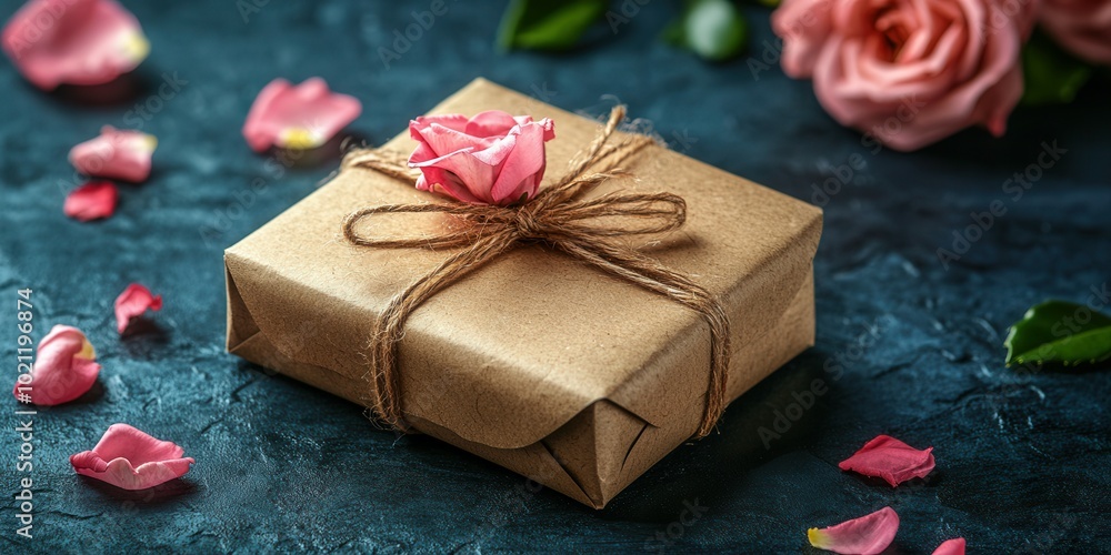 A rustic gift box, tied with twine and adorned with a delicate pink rose, rests on a textured dark background. Scattered rose petals add a romantic touch, creating a perfect setting for a special occa A rustic gift box, tied with twine and adorned with a delicate pink rose, rests on a textured dark background. Scattered rose petals add a romantic touch, creating a perfect setting for a special occa