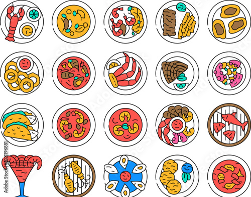 sea cuisine fish cook icons set vector. squid bbq, greek dish, restaurant frozen, culinary luxury, salmon oil plate sea cuisine fish cook color Contour Illustrations