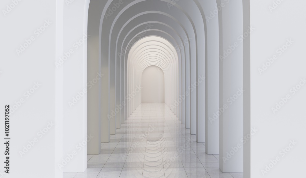 Empty corridor with many white arches in perspective view. Abstract architecture. Archway. Interior design. Step forward. Philosophical classic. Illuminated corridor. 3D illustration