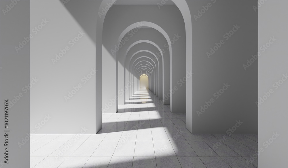 Fototapeta premium Empty corridor with many white arches in perspective view. Abstract architecture. Archway. Interior design. Step forward. Philosophical classic. Illuminated corridor. 3D illustration