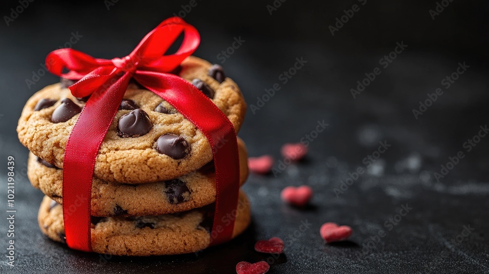 A stack of cookies tied with a red ribbon. Perfect for a Valentine's Day greeting or a celebration of love. A stack of cookies tied with a red ribbon. Perfect for a Valentine's Day greeting or a celebration of love.